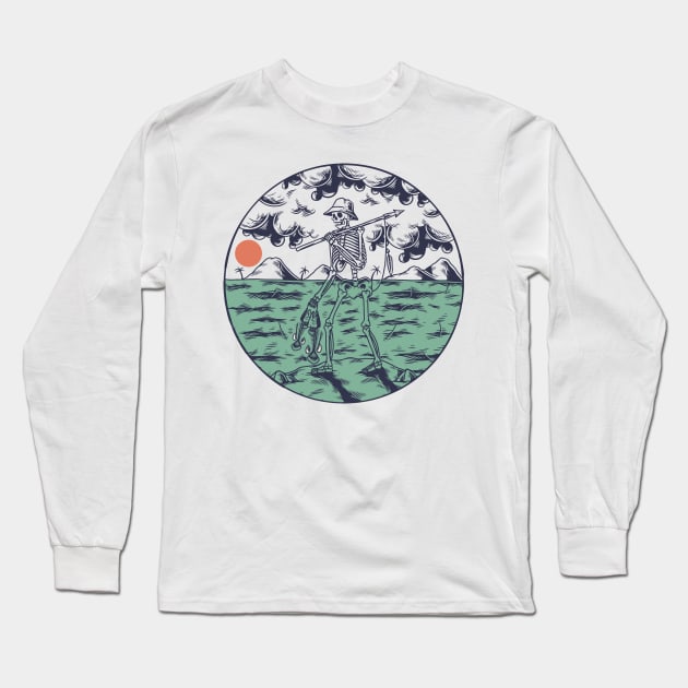 Skeleton Hunting Fish Long Sleeve T-Shirt by Mako Design 